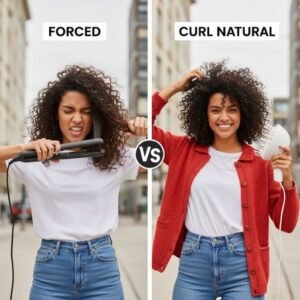Woman straightening curls vs embracing natural texture with diffused defined curls