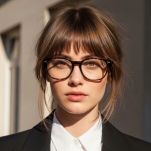 Soft bottleneck bangs on brown layered hair bring balance and freshness to the face