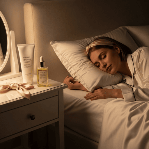 Woman sleeping on a silk pillowcase with bob-length hair, next to a nightstand with hair oil, mask, and scrunchies.