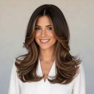 Long brunette hair with blended layers for a youthful 2025 style