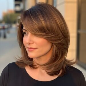 Side swept bangs combined with shoulder cut for anti-aging, face-framing style