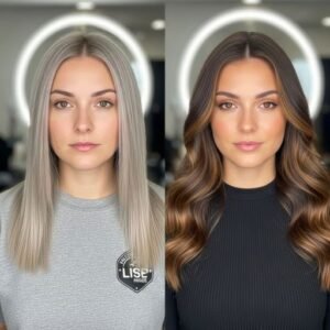 Warm caramel hair color with highlights adds dimension and glow to mature skin