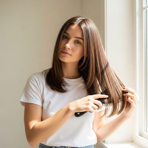 Woman with minimalist straight-cut long hair that requires minimal styling