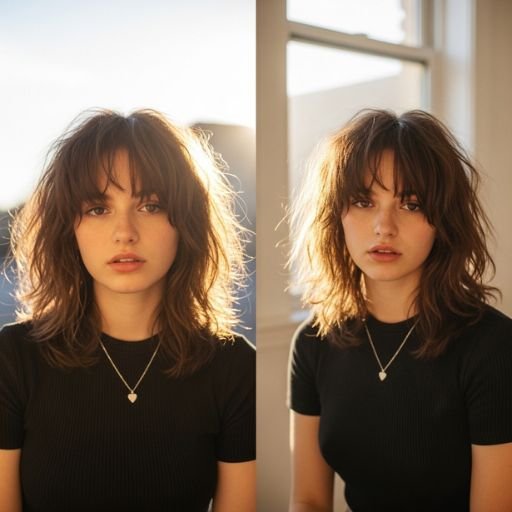Shaggy cut styled with natural air-dried texture for everyday ease