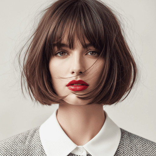 Woman with French-style chin-length bob and soft bangs, styled naturally with a slightly tousled texture.