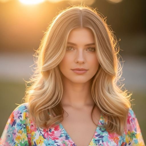 Long hair with blended waves and face-framing highlights