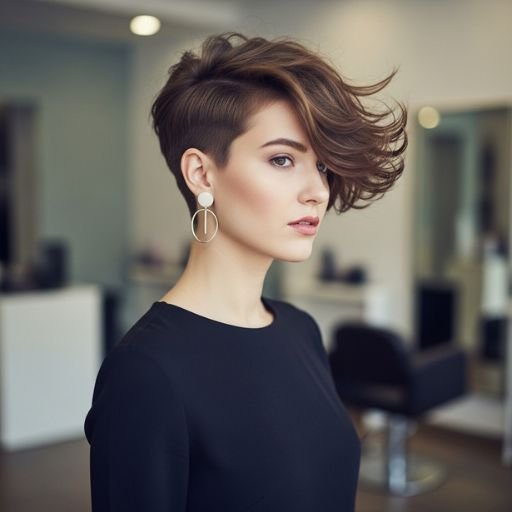 Long pixie haircut styled to show volume and low-maintenance texture