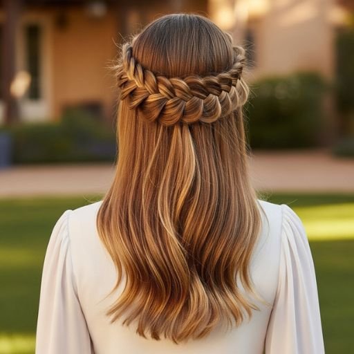 A halo-style crown braid wrapping around the head for an elegant braided updo