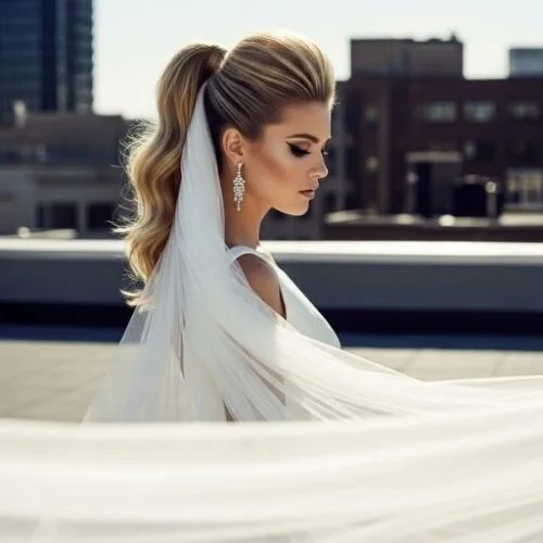 high ponytail, veil bold and chic 2025 wedding hairstyle