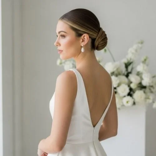 Bride with sleek low chignon bun, wearing pearl earrings and satin gown. One of the best bridal hair trends