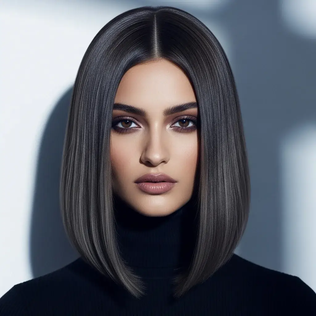 Woman with smoky brunette hair in a sleek straight style, featuring ash-gray undertones and a dark brown base elegant 2025 hair color trend for cool-toned skin.