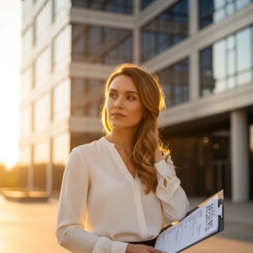 Female job seeker with soft wavy hairstyle holding file folder outside work venue