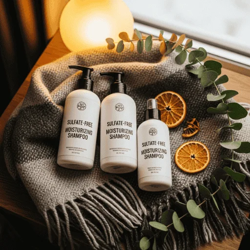 Winter themed flat lay featuring sulfate free shampoo bottles for winter hair care.