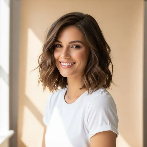 Woman with a textured lob haircut, perfect low maintenance hairstyle for 2025