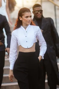Zendaya with an asymmetrical crop hairstyle, a modern and fashionable short celebrity haircut trending in 2025.