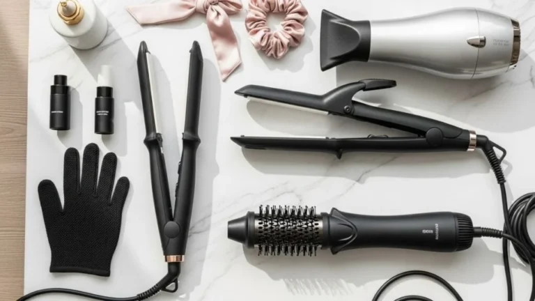 Flat lay of best hair styling tools for women in 2025, including curling iron, blow dryer, straightener, and hair brush