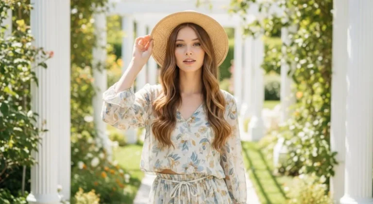 Young woman with new summer hairstyles in 2026, featuring beach waves and a relaxed bun, wearing sunglasses with a soft, sunlit background. Ideal hairstyle looks to stay cool and stylish in hot weather.