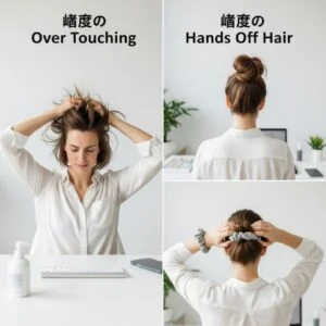 Hair being damaged by over-touching compared to styled pulled-back look
