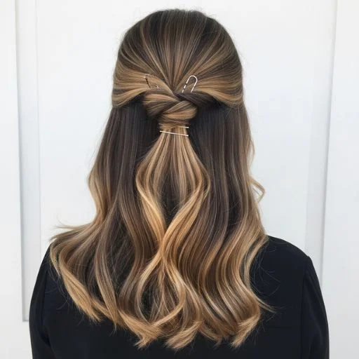 Elegant half-up hairstyle created with simple twisted sections
