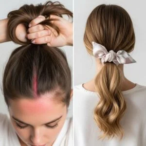 Side comparison of tight ponytail causing hair tension and a loose scrunchie style