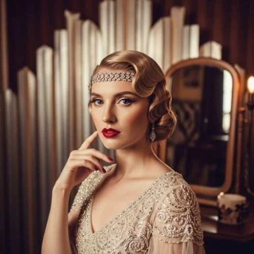 Bride with structured finger waves, vintage makeup and gown.1920s inspired bridal hairstyle
