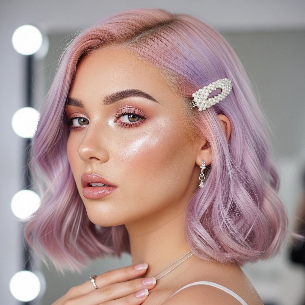 Young woman with pastel lavender and rose gold hair styled in a glossy bob, showcasing a playful 2025 hair color trend popular among Gen Z in the USA.