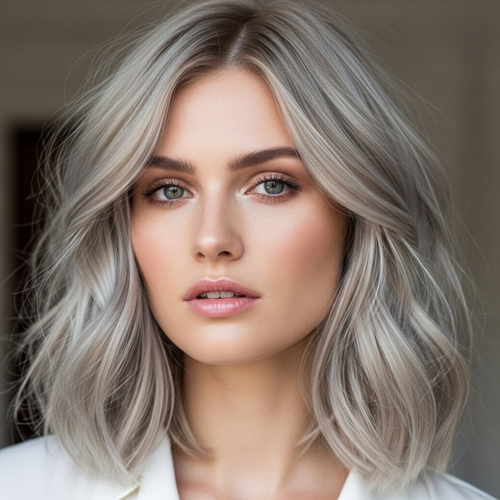 Woman with ashy blonde hair and shadow roots, styled in soft waves—2025 hair color trend ideal for pale complexions and low-maintenance beauty.