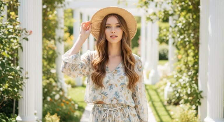 Young woman with trendy summer hairstyle in 2025, featuring beach waves and a relaxed bun, wearing sunglasses with a soft, sunlit background. Ideal hairstyle looks to stay cool and stylish in hot weather.
