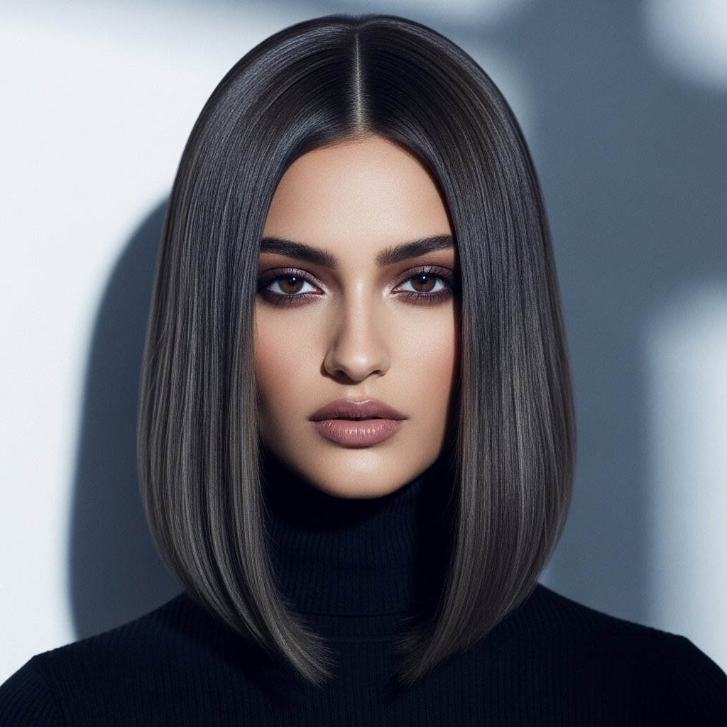Woman with smoky brunette hair in a sleek straight style, featuring ash-gray undertones and a dark brown base—elegant 2025 hair color trend for cool-toned skin.