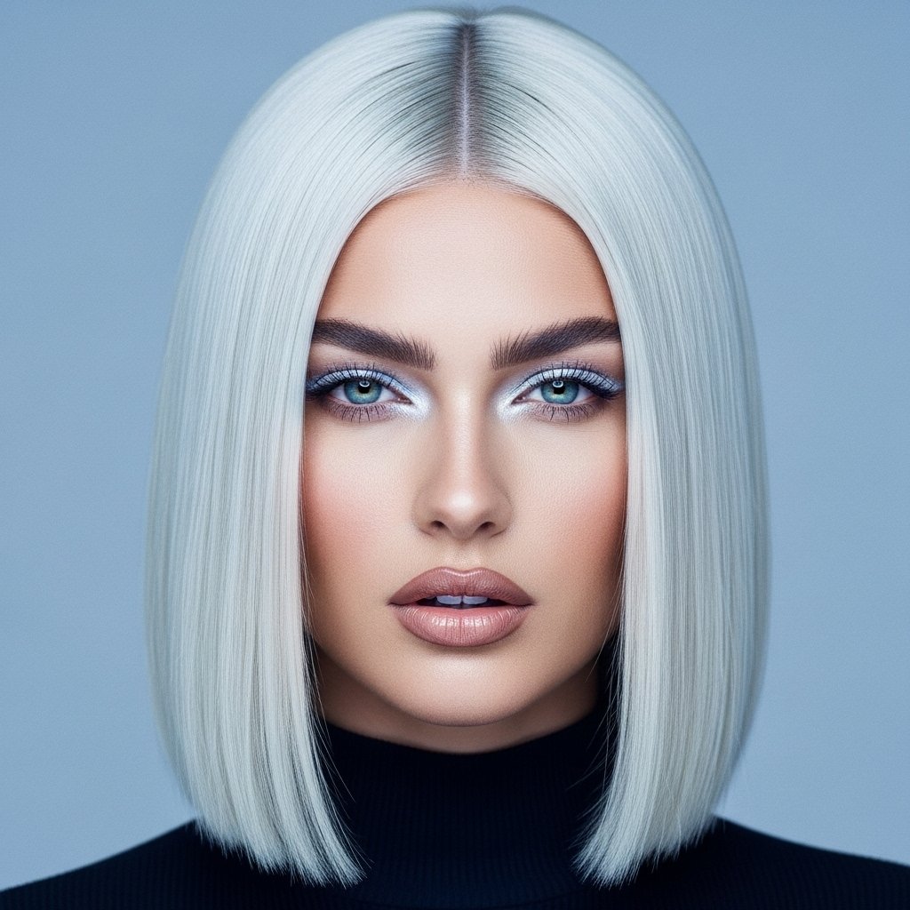 Woman with icy platinum blonde hair in a sleek bob, styled with minimal roots and dark brows—celebrity-inspired 2025 hair color trend in the USA.
