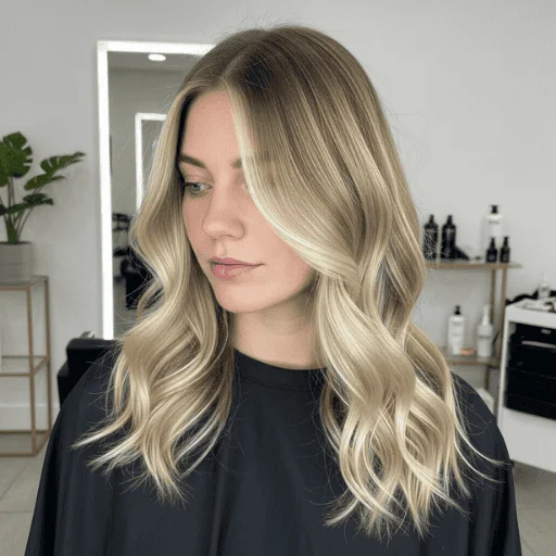 Woman with blonde balayage hair styled in soft waves, showcasing natural sun kissed highlights painted mid-length to ends.