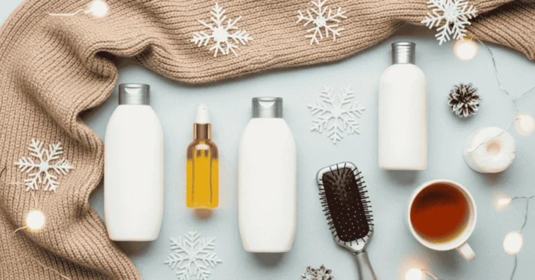 Flat lay of winter hair care essentials including conditioner, hair oil, and brush, styled with seasonal elements like cozy scarf, eucalyptus, snowflakes, and soft lighting for a winter beauty blog post.