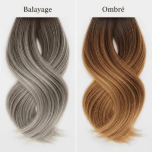 Closeup of hair strands showing soft multi tonal balayage highlights and bold ombre gradient transition.