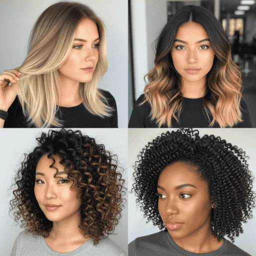 Collage showing balayage vs ombre on different hair types: straight, wavy, and curly.
