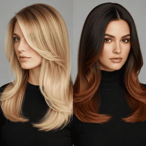 Two models showing balayage on blonde hair and ombre on dark brown hair for ideal starting bases.