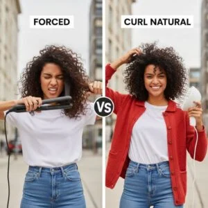 Woman straightening curls vs embracing natural texture with diffused defined curls
