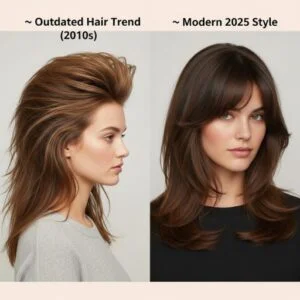 Outdated 2010s hairstyle compared to modern 2025 layered haircut with curtain bangs clearly labeled
