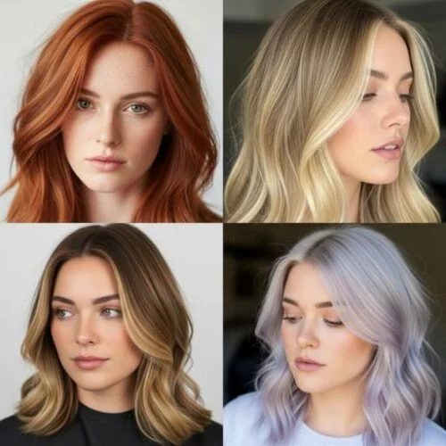 Hair colors trending in 2025 including cinnamon copper, balayage blonde, and pastel lilac