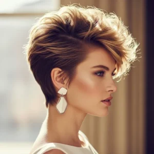 Bride with textured pixie cut hairstyle.