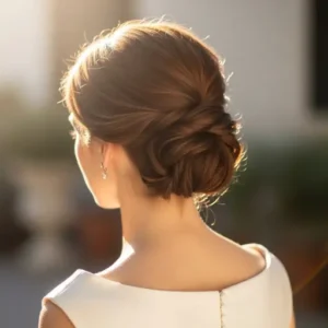 Bride with short hair styled into a French twist look.