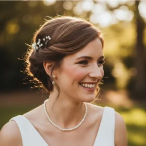 Bride with one-sided twisted short hairstyle.