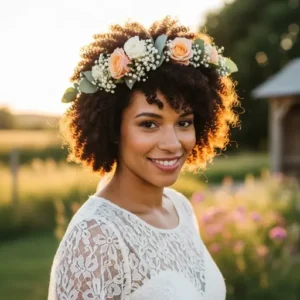 Shoet hair with floral crown