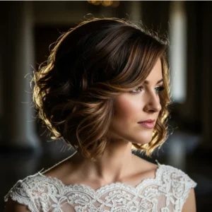 Bride with voluminous side-swept short hair.
