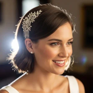 Bride with diamond comb in short hair.
