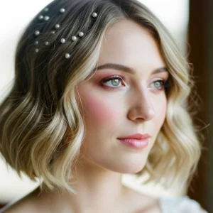 Short pearled pins in hair