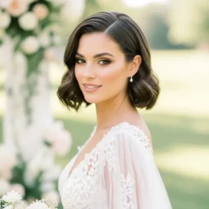 Bride with soft curled bob and middle part on wedding day.