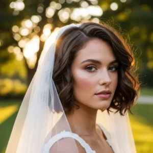  Bride with messy bob wearing a wedding veil outdoors.
